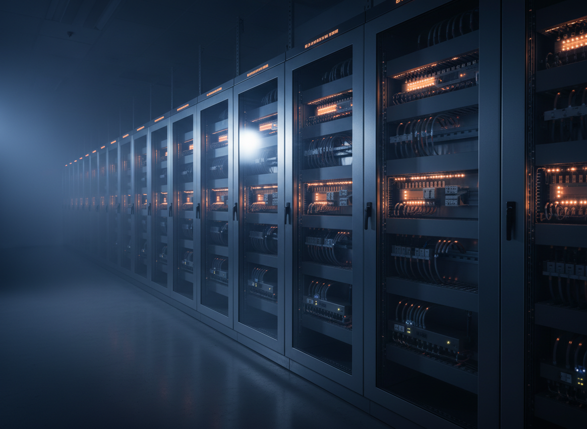 Cinematic wide photograph of a modern electrical switchgear installation in an industrial control room, rows of precision low-voltage distribution panels and busbars, cool deep-navy ambient lighting with subtle electric-orange accent glow from indicator lights